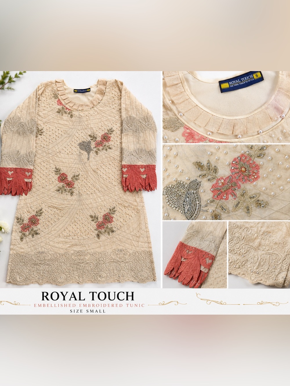 Royal Touch Embroidered Pakistani Indian Kurta Tunic S 36” Long Pearl Beaded